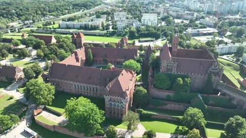 Aerial View of Large Medieval Castle Complex by the River-seg05 Stock Footage 328670782