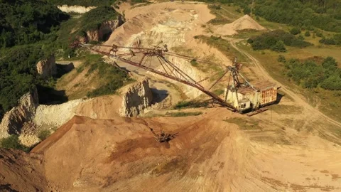 Aerial view of a large mining excavator in Naujoji Akmene, Lithuania. Stock Footage 339582693