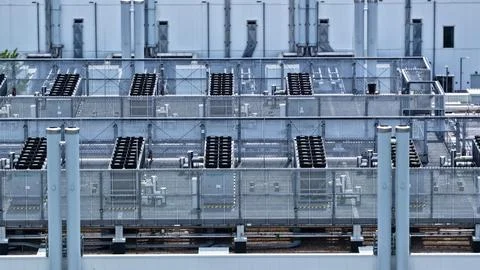 Aerial View of Large Modern Data Center with Extensive Cooling Systems Fotos Stock