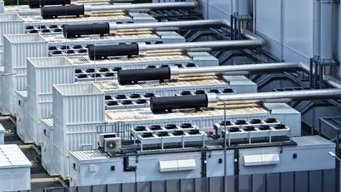 Aerial View of Large Modern Data Center with Extensive Cooling Systems Stock Photos
