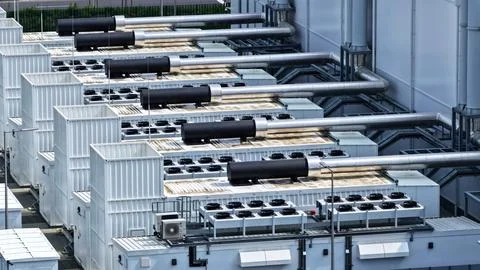 Aerial View of Large Modern Data Center with Extensive Cooling Systems Stock Photos