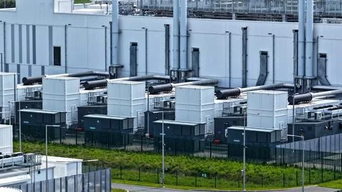 Aerial View of Large Modern Data Center with Cooling Infrastructure 스톡 사진