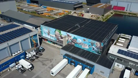 Aerial view of a large mural in the Linz harbour Video stock 342402526