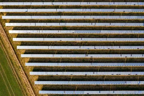 Aerial view of a large number of modules of a photovoltaic system on a sol... Stock Photos