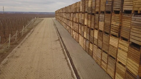 Aerial view of a large number of pallets. The pallets are stacked one by one Stock-Footage 128509421