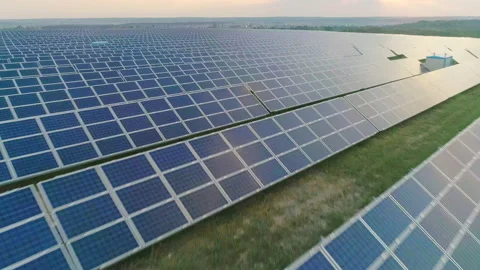 Aerial view of large number of solar power cells on energy station standing in Stock Footage 144326049