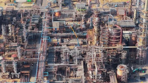 Aerial View of a Large Oil Refinery Complex Showing Industrial Infrastructure Stock Footage 346880897