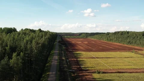 Aerial view of a large peat bog harvesting site with long parallel rows of Stock Footage 315734249