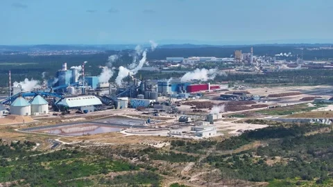 Aerial view of a large pulp mill processing eucalyptus for cellulose production Stock Footage 340311833