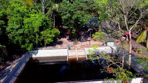 Aerial view of a large, rectangular temple pond (kulathingal kulam) surrounded Stock Footage 321703738