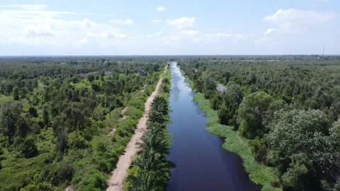 Aerial view of a large river on the edge of a highway, the water looks dark.. Stock Footage 322956306