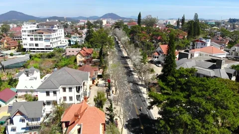 Aerial view of A large road in Da Lat city, Vietnam Stock Footage 144181346