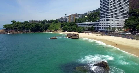 Aerial view of a large rock on the beach. Rio De Janeiro, Brazil. Shot in 4K. Stock Footage 77748857