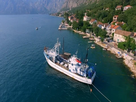 Aerial view of large sailing vessel in the open sea. Stock Footage 79983328