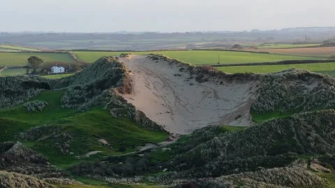 Aerial View of Large Sand Dune at St Ives Bay Cornwall Uk Stock Footage 322067678