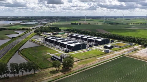 Aerial view of large scale data center tower building Stock Footage 340962258