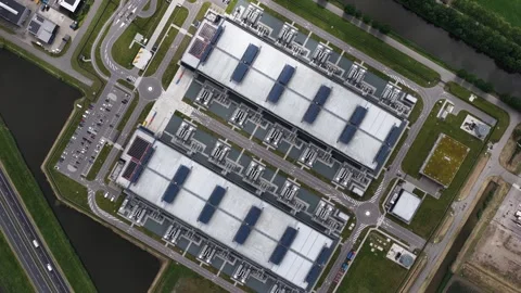 Aerial view of large scale data center tower building Stock Footage 340962318