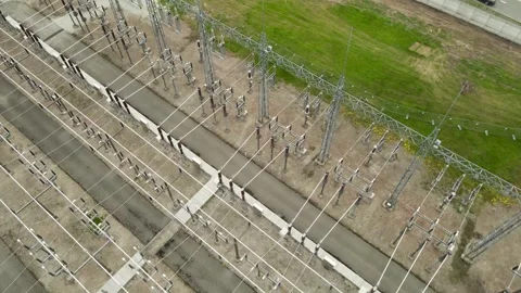 Aerial view of a large scale electrical power substation Stock Footage 337408189