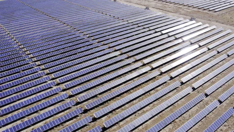 Aerial View of a Large Solar Array in the Desert in HLG HDR Stock Footage 164992331