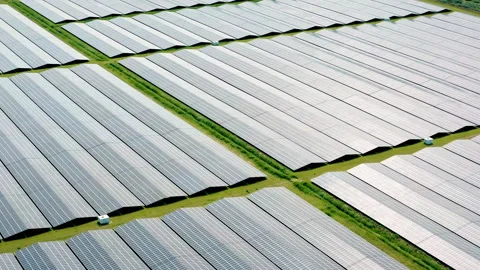 Aerial view of a large solar panel farm Stock Footage 159195421