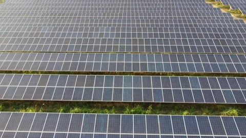 Aerial view of a large solar panel installation - sunset view Stock-Footage 197411455