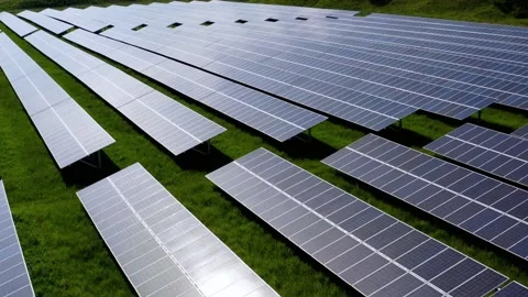 Aerial view of a large solar panel farm Stock Footage 312481962