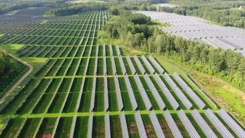 Aerial View Of Large Solar Panel Farm Generating Clean Renewable Energy Stock Footage 341773389