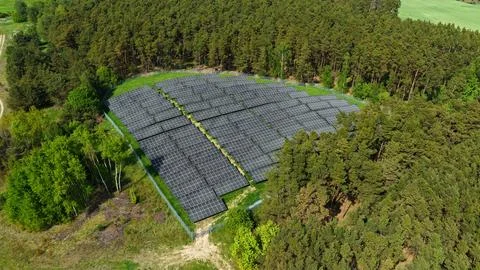 Aerial View of Large Solar Panel Farm in Forest Landscape Фото