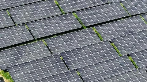 Aerial View of Large Solar Panel Array in Green Landscape 写真素材