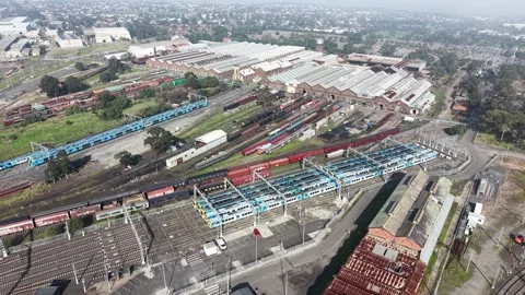 Aerial view of a large train depot and railway yard Stock Footage 339304563