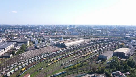 Aerial view of a large train station in the cityscape. Industrial area Stock Footage 161121647