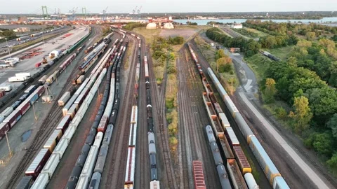 Aerial View of a Large Train Yard Stock Footage 211593206