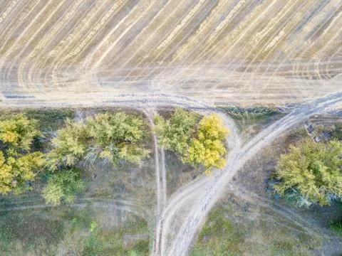 Aerial view of large wheat fields after harvesting Stock Photos