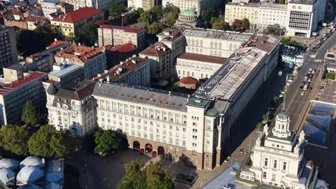Aerial view of Largo Complex and Presidential Palace in Sofia city, Bulgaria 스톡 동영상 347450259
