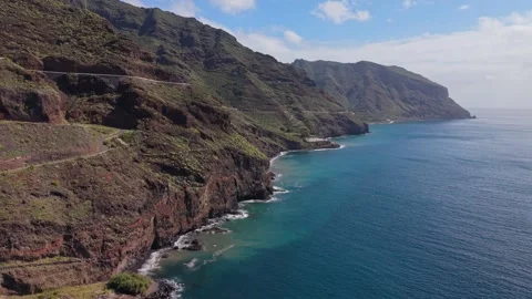 Aerial View of Las Gaviotas Beach and Rocky Coast, Tenerife, Canary Islands Stock Footage 332818977