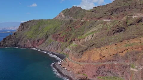 Aerial View of Las Gaviotas Beach and Rocky Coast, Tenerife, Canary Islands Stock Footage 332823073