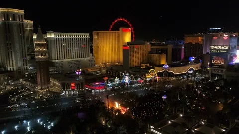 Aerial view of Las Vegas with Mirage Volcano show Stock Footage
