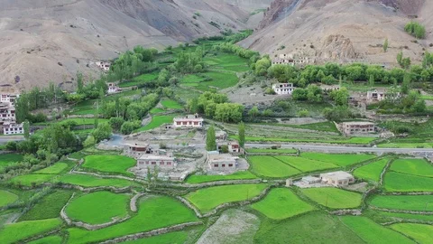 Aerial view of the late spring fields in a village in ladakh Stockbeeldmateriaal 121949558