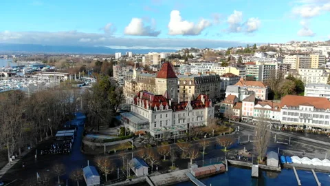 Aerial View of Lausanne, Ouchy, Switzerland Stock Footage