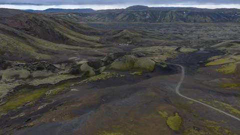 Aerial view of lava fields with moss-covered volcanic cones, Skaft Stock Photos