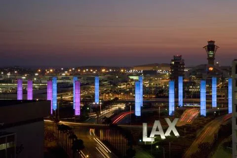 Aerial view of LAX Los Angeles International Airport at sunset with decorative Stock Photos