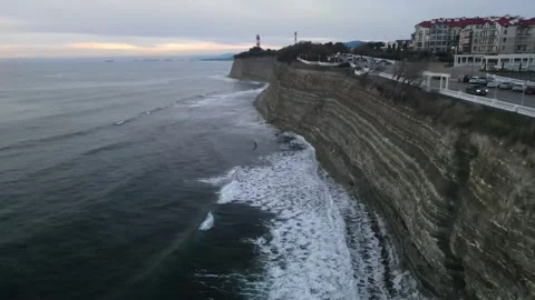 Aerial view of the layered flysch rock formations at Kruta cliffs in Gelendzhik Stock Footage 337171830
