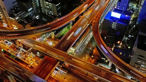 Aerial view of layered traffic junction in Osaka city Stock Footage 71844340