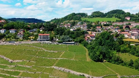 Aerial view of Le Deck Bar Terrasse in Chexbres, Switzerland. Stock Footage 339631174