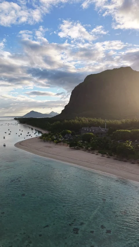 Aerial View of Le Morne Beach and Le Morne Brabant at Sunrise Stock Footage 339502462