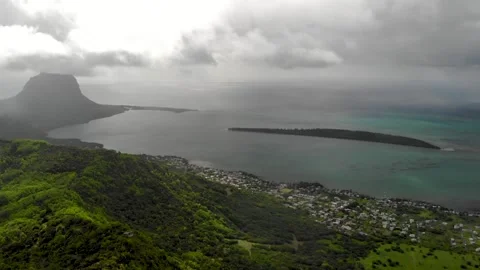 Aerial view of Le Morne in clouds in Mauritius Stock Footage 170184653