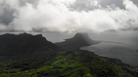 Aerial view of Le Morne in clouds in Mauritius Stock Footage 170184808