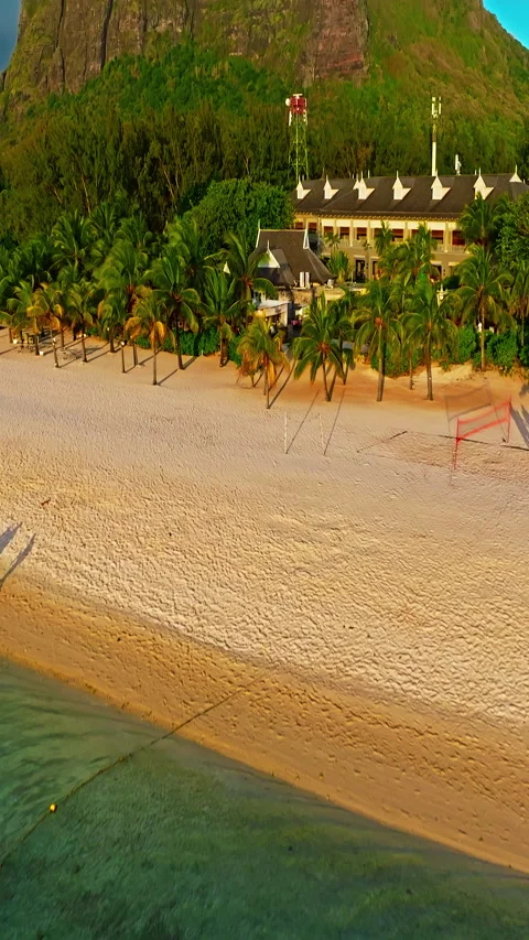 Aerial view of Le Morne Peninsula, Le Morne Brabant Mountain. Sea lagoon formed Видео 343327197