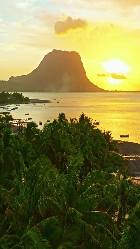 Aerial view of Le Morne Peninsula, Le Morne Brabant Mountain. Sea lagoon formed 库存影片 343464005