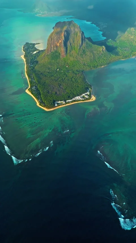 Aerial view of Le Morne Peninsula, Le Morne Brabant Mountain. Sea lagoon formed Видео 343465788